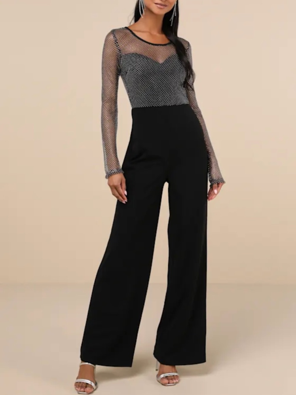 Lulus Black Rhinestone Mesh Wide-Leg Jumpsuit – Size M